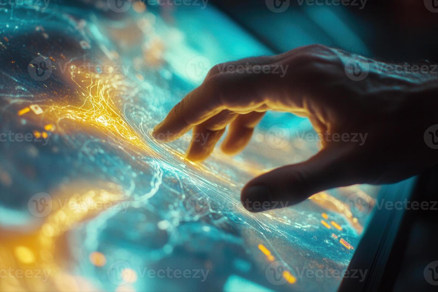 Futuristic hand interacting with a glowing digital interface displaying city data at night photo