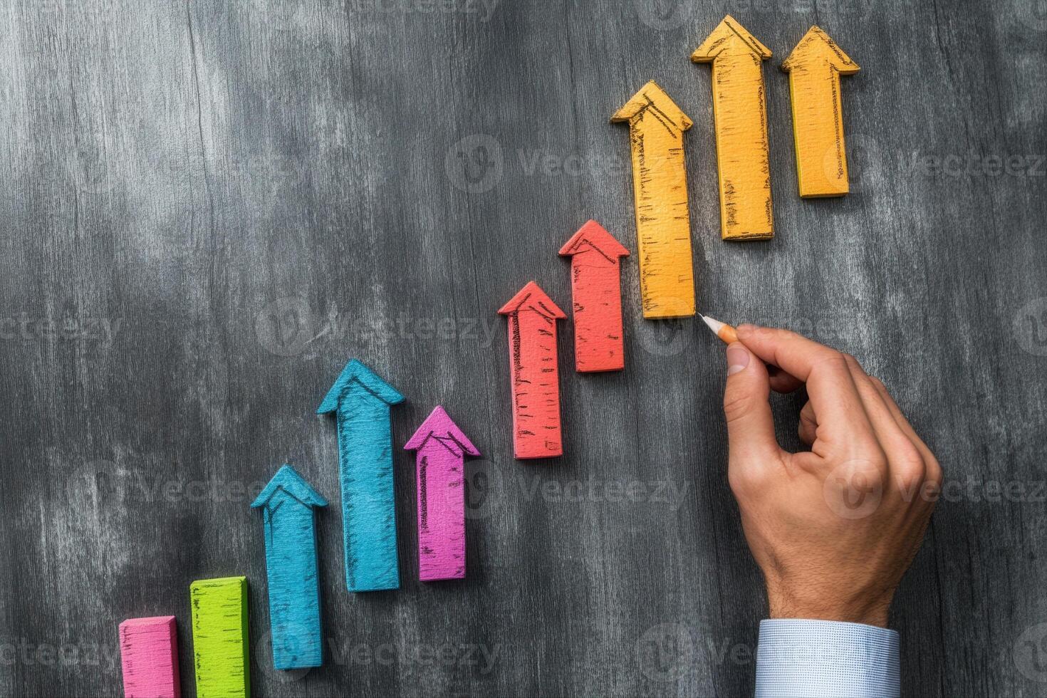 Hand adjusting colorful arrows on a chalkboard, symbolizing growth and progress photo