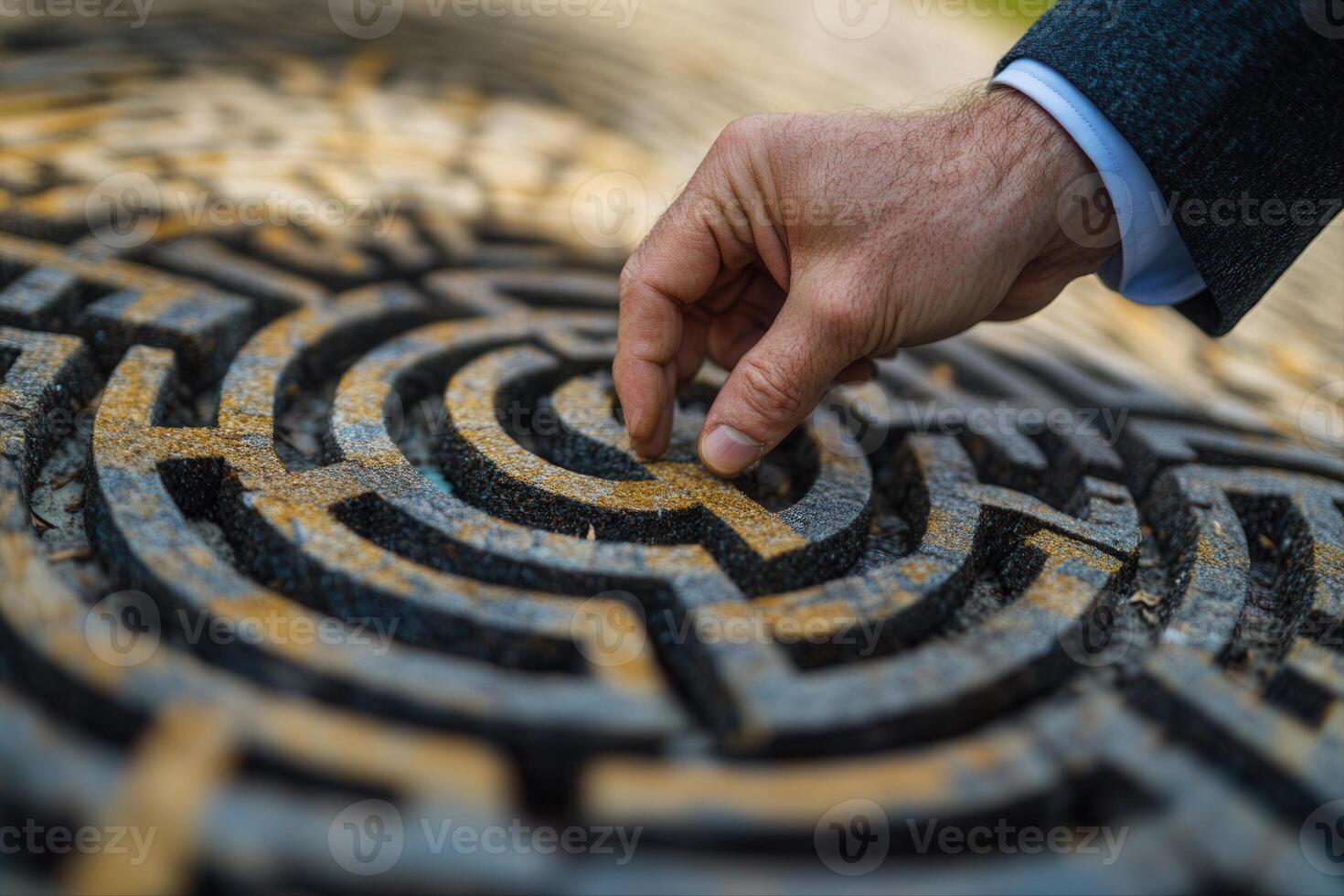 Hand navigating a maze-like pattern on a stone surface in a tranquil outdoor setting photo
