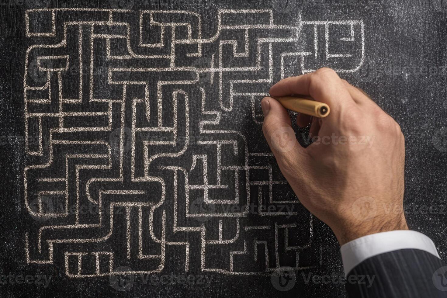 Hand drawing a complex maze on a chalkboard, illustrating problem-solving and creativity photo