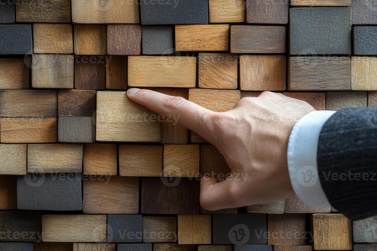 Hand touching a textured wooden wall, showcasing various colors and patterns in a modern setting photo
