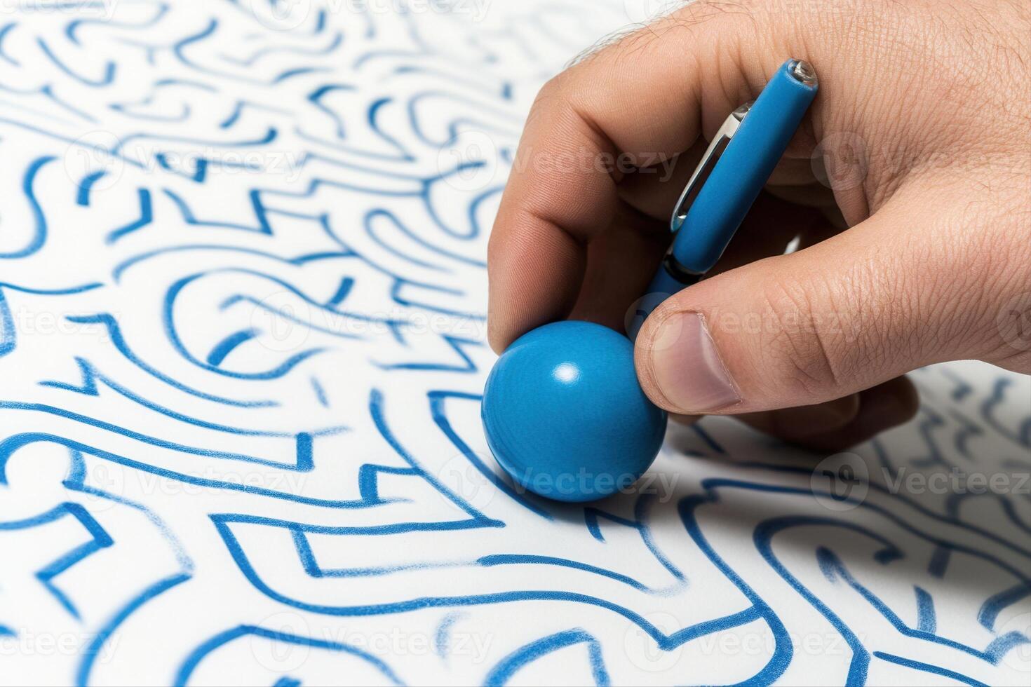 Hand holding a pen tracing intricate blue patterns on a white surface with focus photo