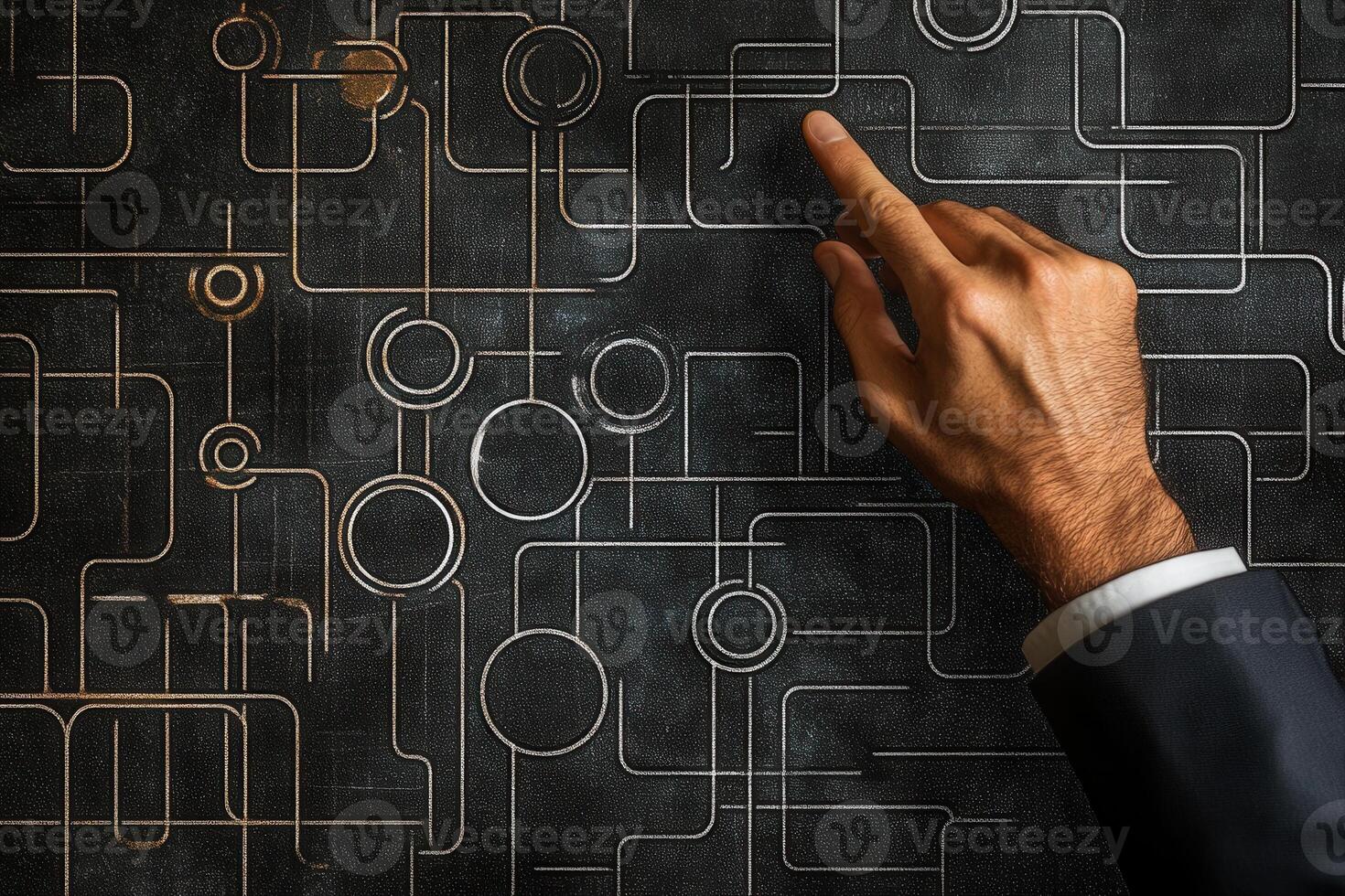 Hand pointing at abstract lines and circles on a dark background, symbolizing connection photo