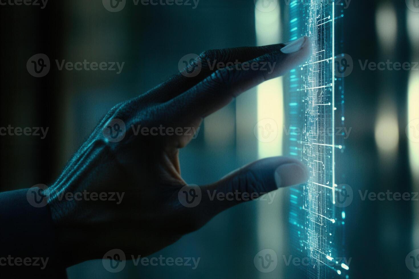 Futuristic hand interacting with a digital interface in a high-tech environment photo