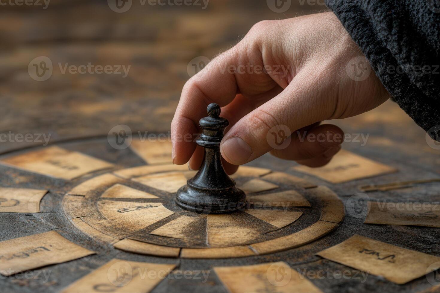 Hand placing a chess piece on a vintage board surrounded by faded labels and textures photo