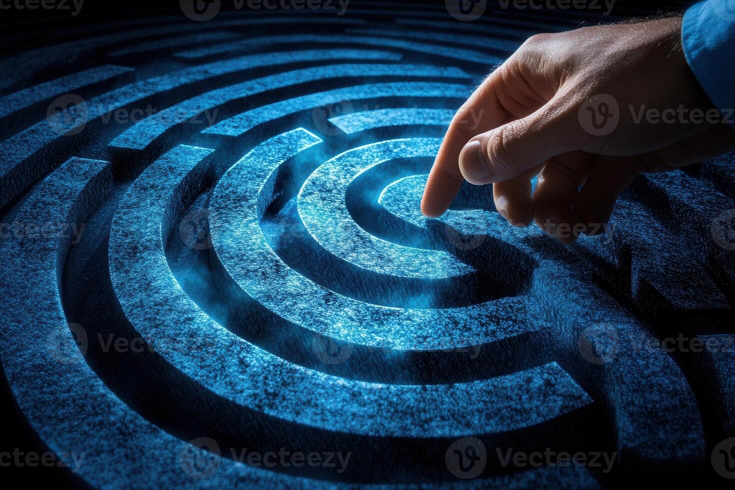 Hand reaching towards the center of a glowing blue maze, symbolizing problem-solving photo