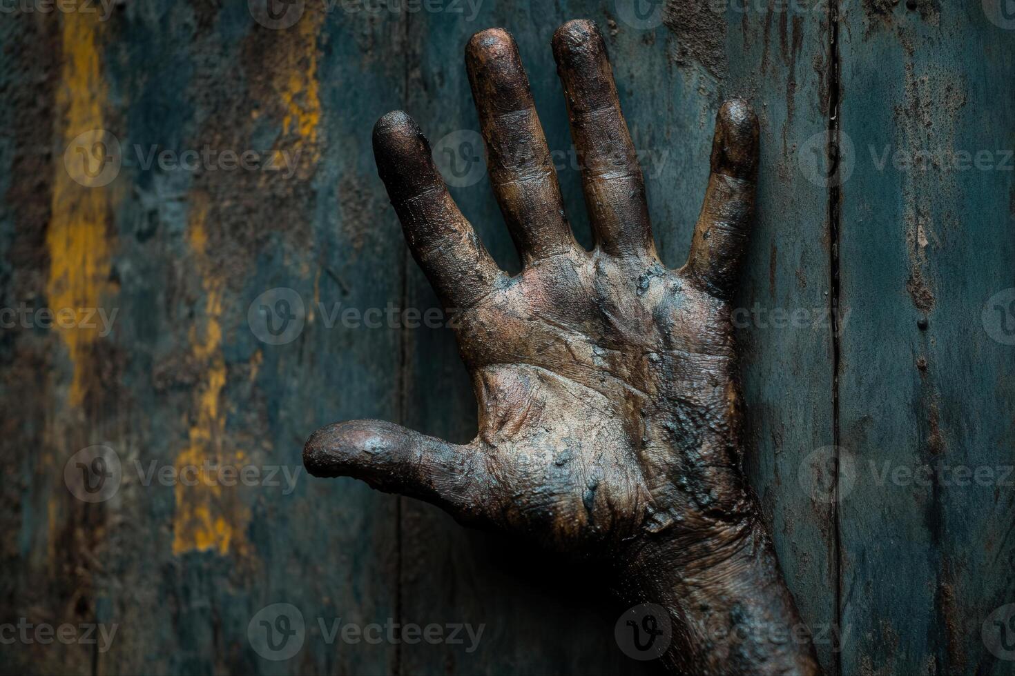Hand sculpture embedded in a rustic wooden wall, showcasing intricate details and textures photo