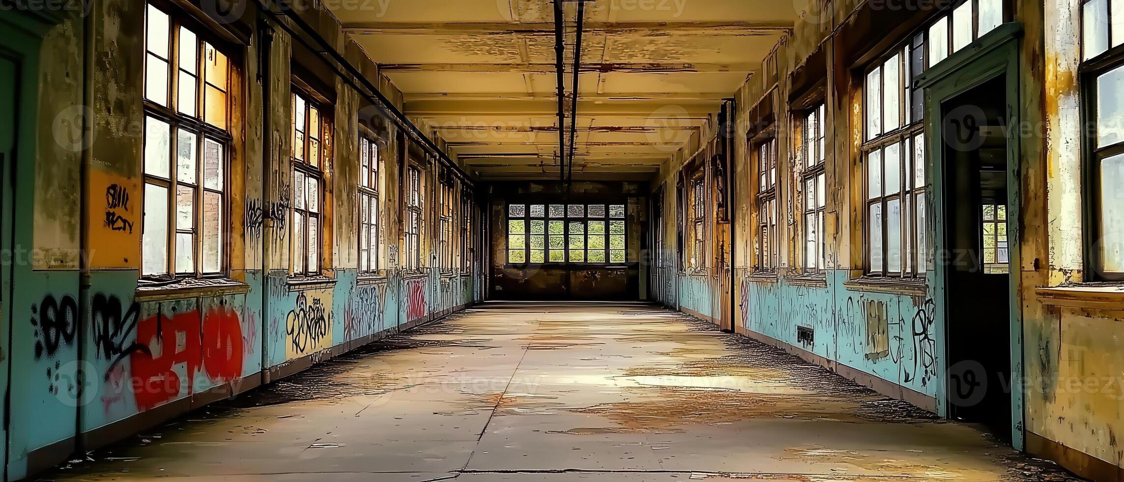Abandoned building hallway, graffiti, decay, windows, urban exploration photo