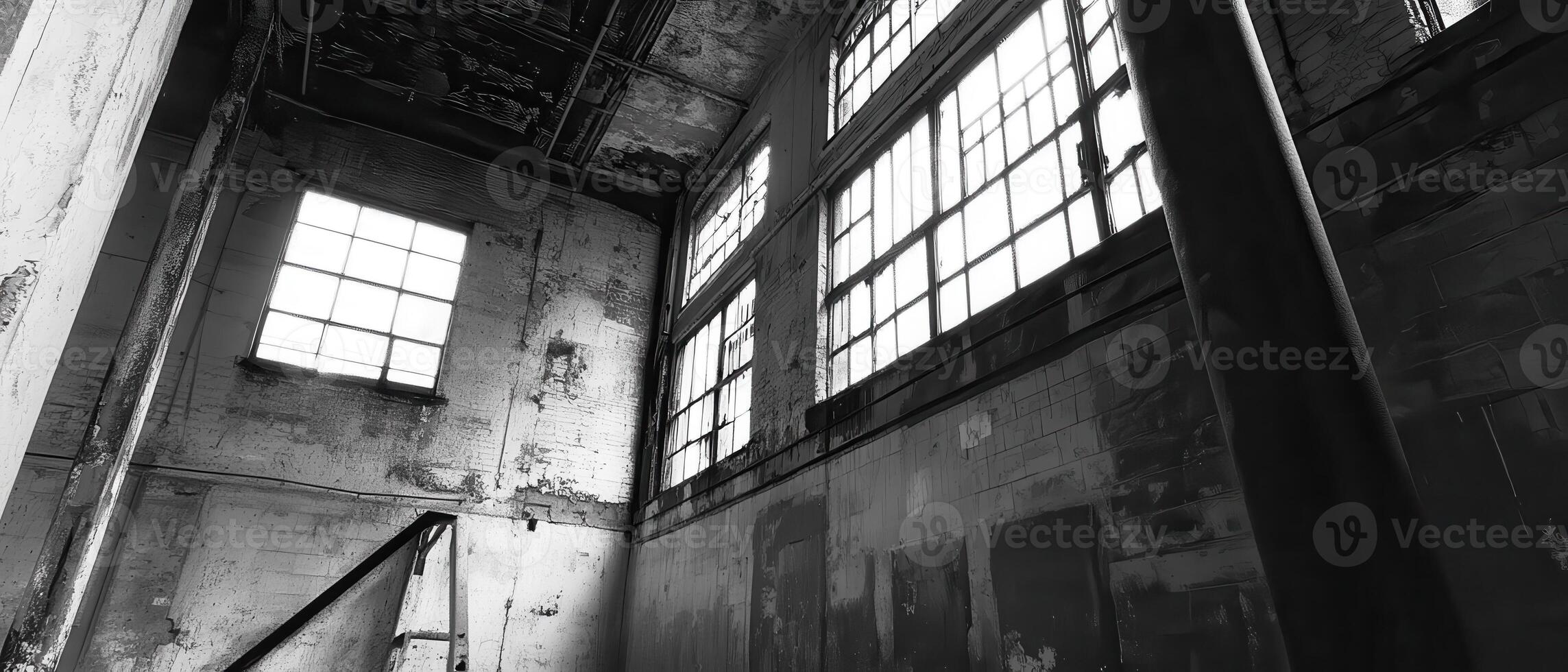 Abandoned factory interior, sunlight, stairs, decay photo
