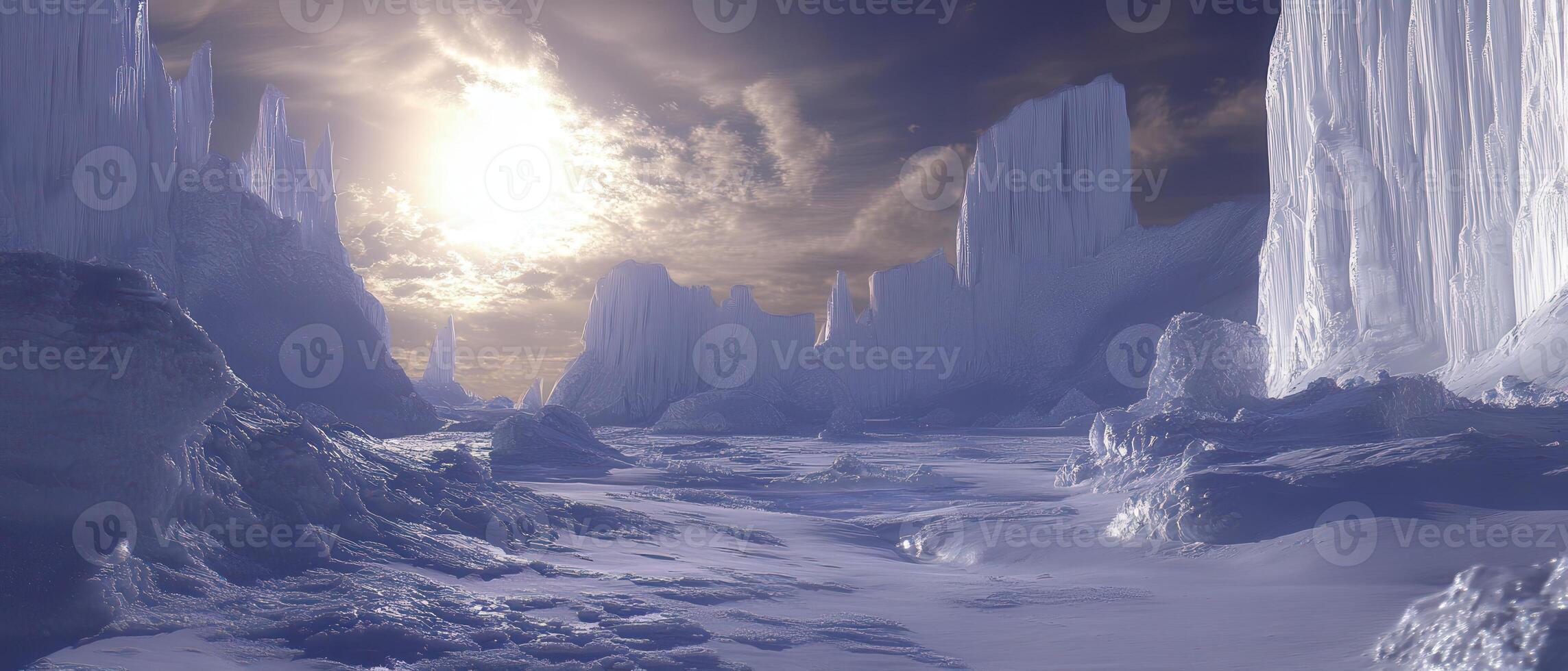 Arctic Ice Landscape Sunlit Glacier, Cloudy Sky photo