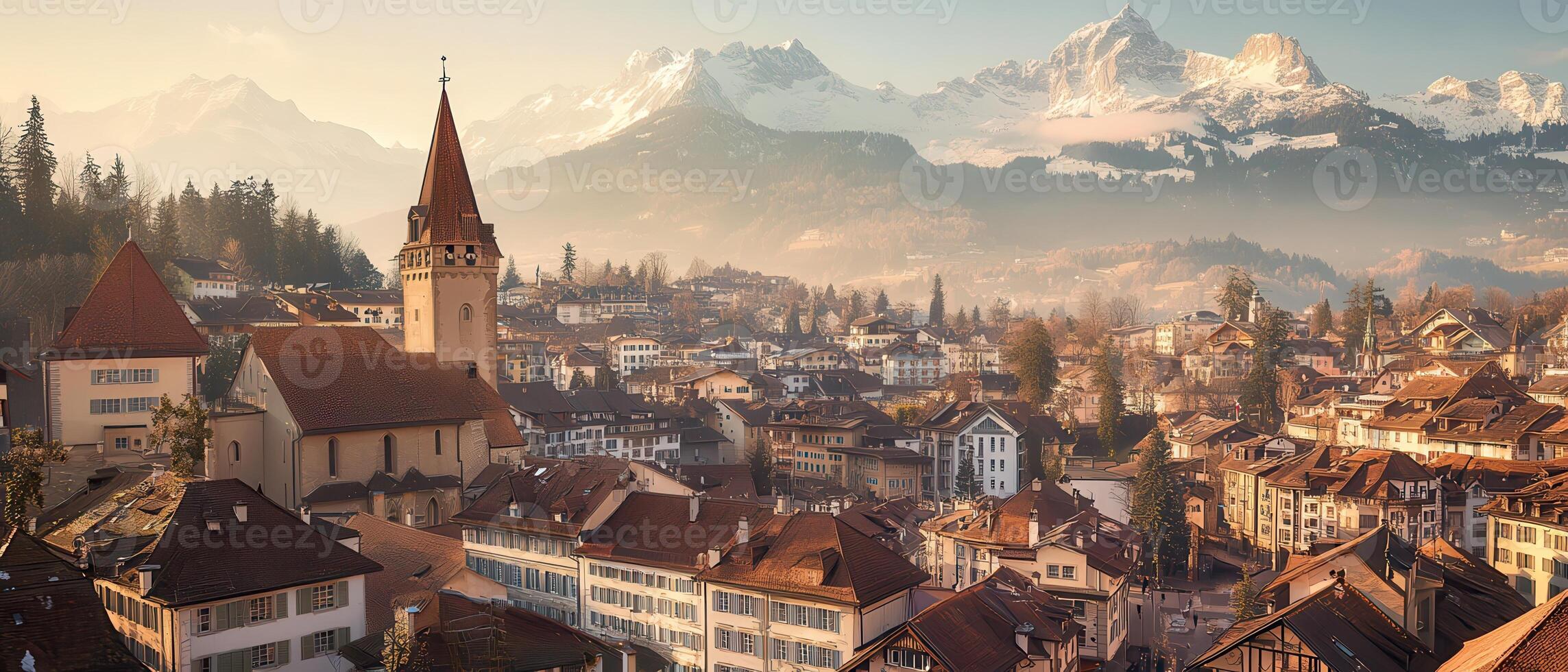 Alpine town sunrise, church, mountains. Travel brochure photo
