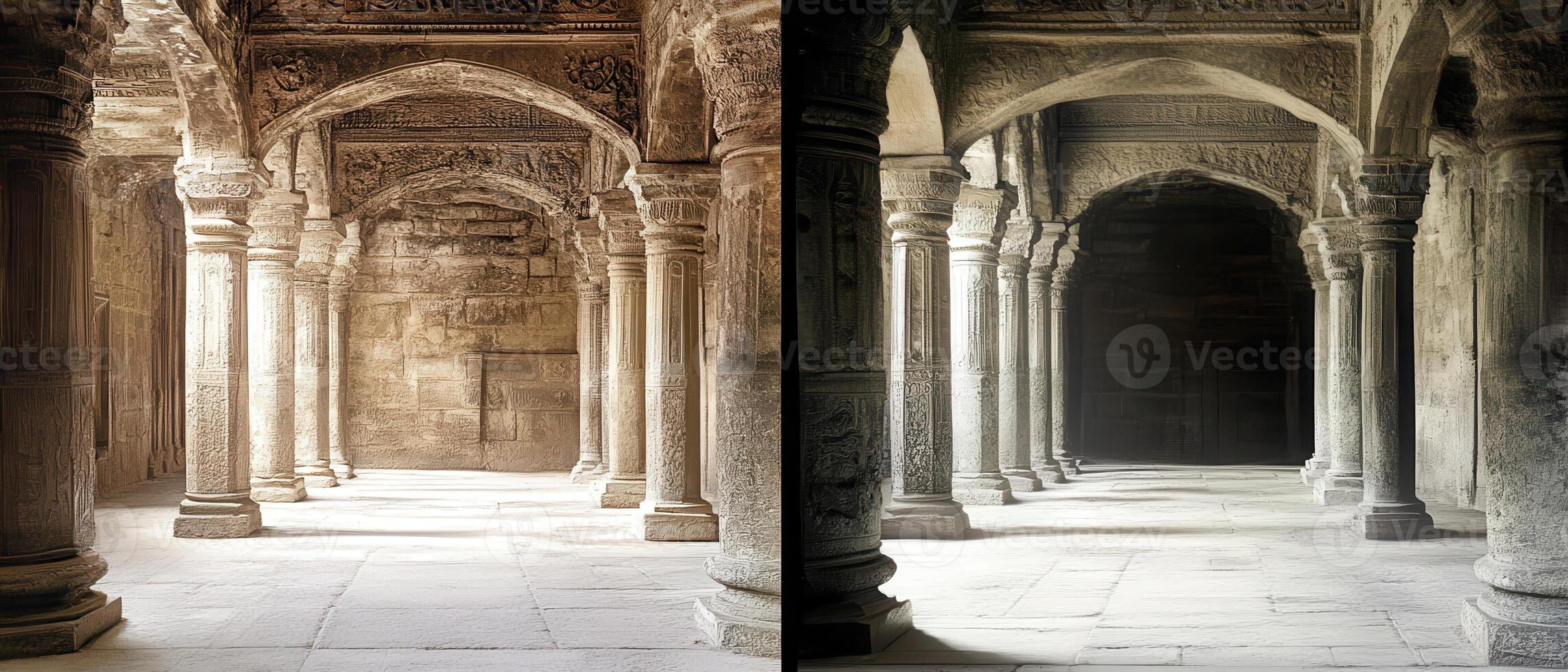 Ancient stone hallway, arched columns, sunlight, background texture, design photo