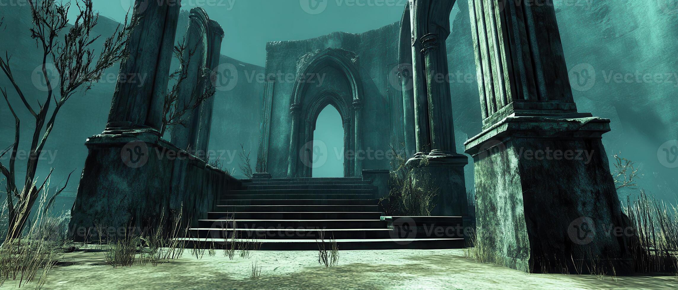 Ancient ruins stairs leading to archway, desolate background photo