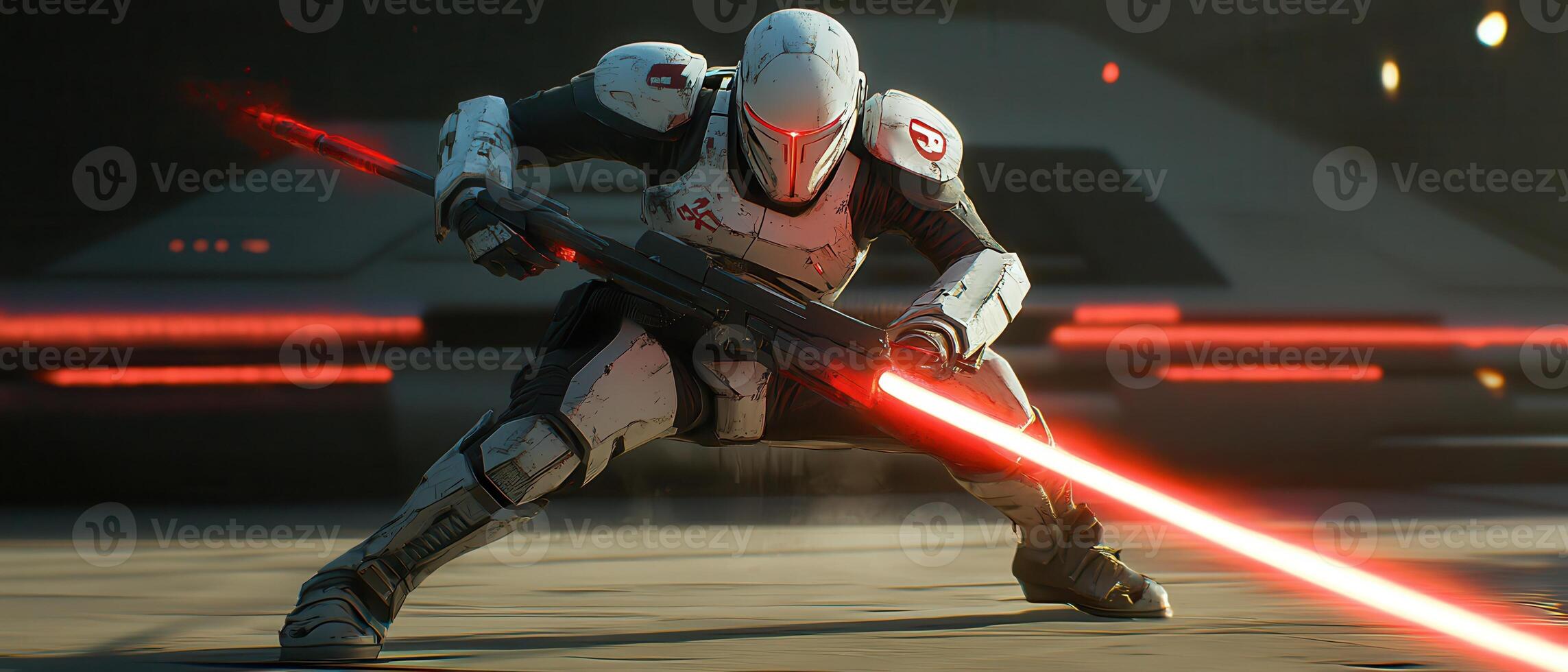 Armored warrior, red lightsaber, futuristic setting, vehicle background, game asset photo