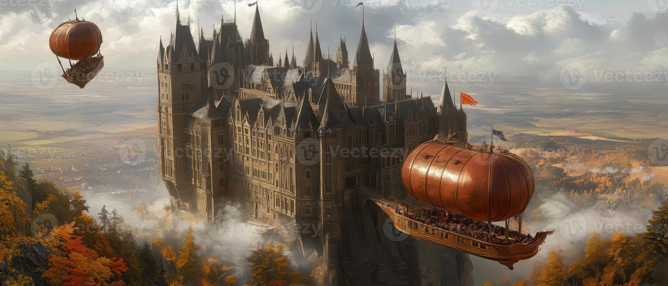Airships near autumn castle, fantasy landscape photo