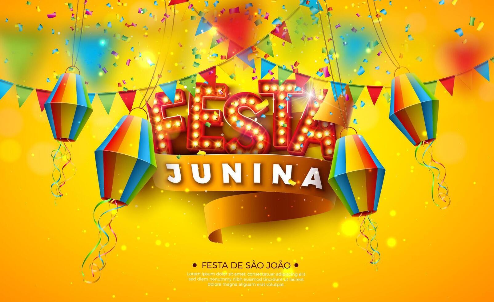 Festa Junina Banner Illustration with Party Flags, Confetti and Arraia Light Bulb Billboard Letter on Yellow Background. Brazil Sao Joao June Festival Design for Greeting Card, Banner or Holiday vector