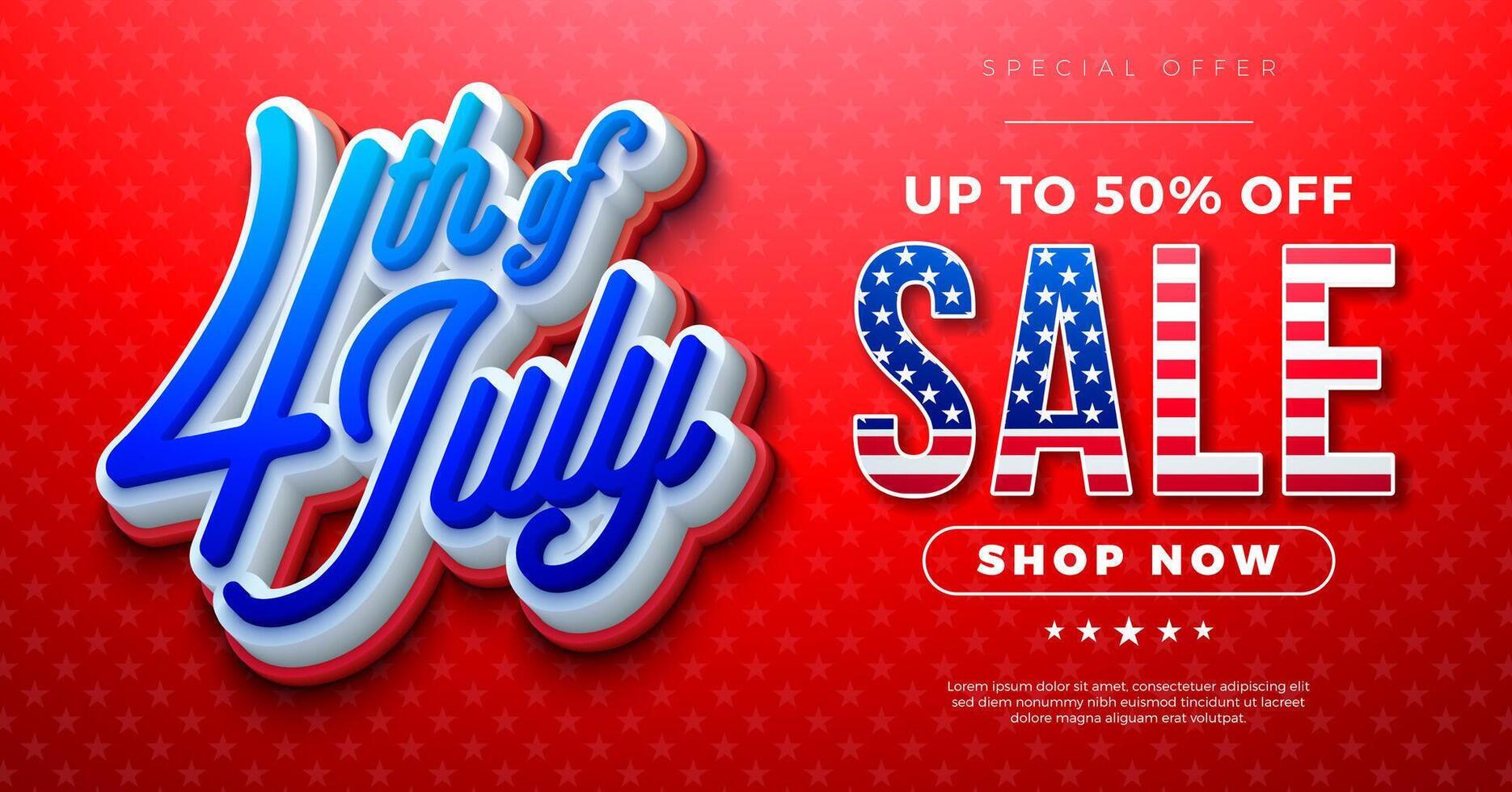 Fourth of July Independence Day Sale Banner Design with American Flag in 3d Text Label and Typography Lettering on Red Background. 4th of July USA National Holiday Illustration with Special vector