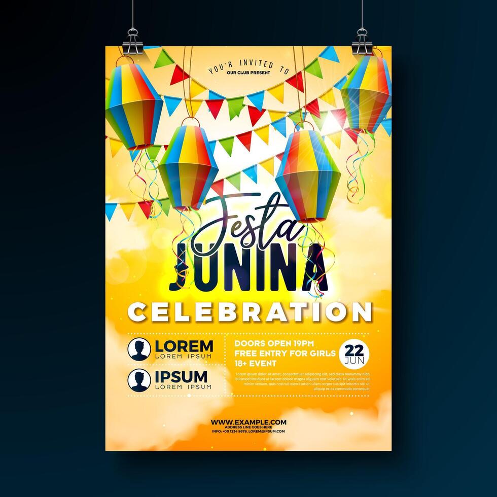 Festa Junina Party Flyer Design with Flags, Paper Lantern and Typography on Yellow Background. Brazil June Festival Illustration for Celebration Poster or Holiday Invitation. Traditional Festa vector