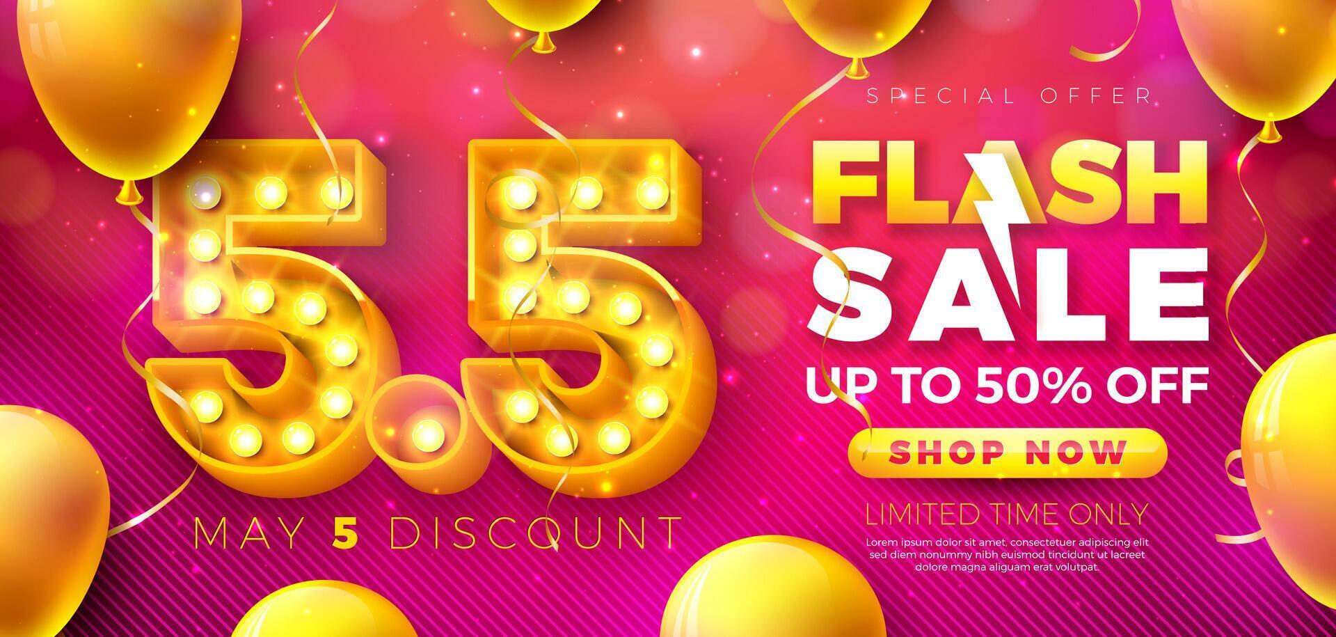 Shopping Day May 5 Flash Sale Design with 3d 5.5 Light Bulb Billboard Number and Party Balloon on Red Background. Special Offer 50 Percent Off Campaign Discount Illustration for Coupon, Voucher vector