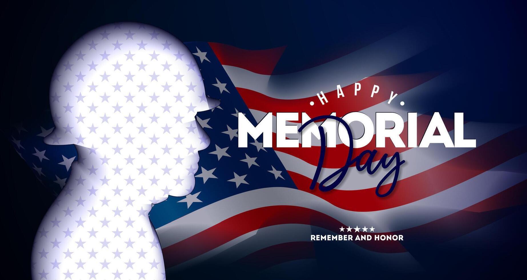 Memorial Day of the USA Illustration with Flag and Patriotic Soldier Silhouette on Blue Background. American National Celebration Design with Typography Lettering for Banner, Greeting Card or vector