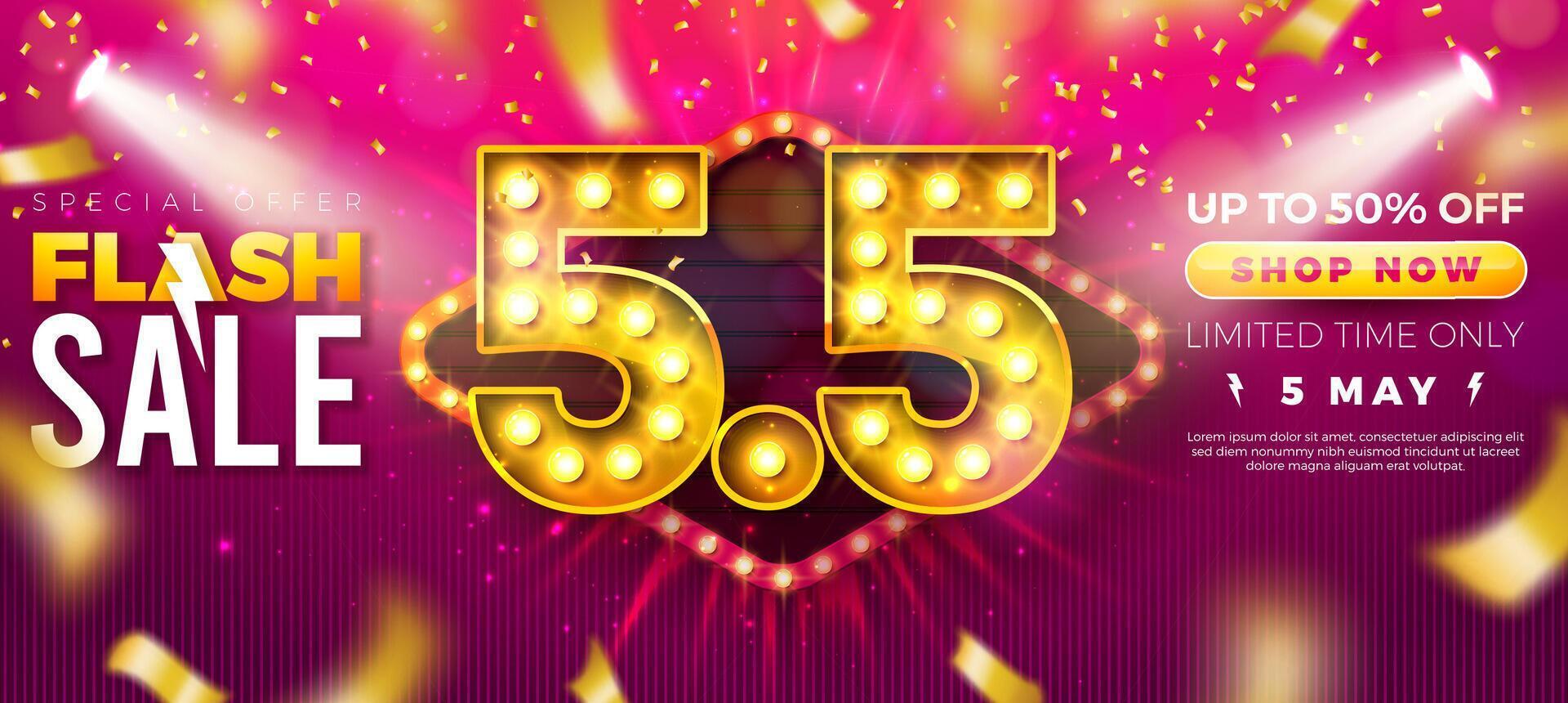 5 May Flash Sale Design with 3d 5.5 Shopping Day Light Bulb Billboard Number and Falling Confetti on Red Background. Special Offer 50 Percent Off Campaign Discount Illustration for Coupon vector