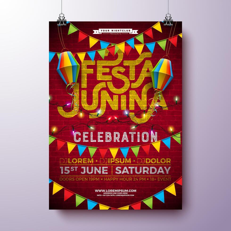 Festa Junina Party Flyer Design with Flags, Paper Lantern and Typography on Brick Wall Background. Brazil June Festival Illustration for Celebration Poster or Holiday Invitation. Traditional vector