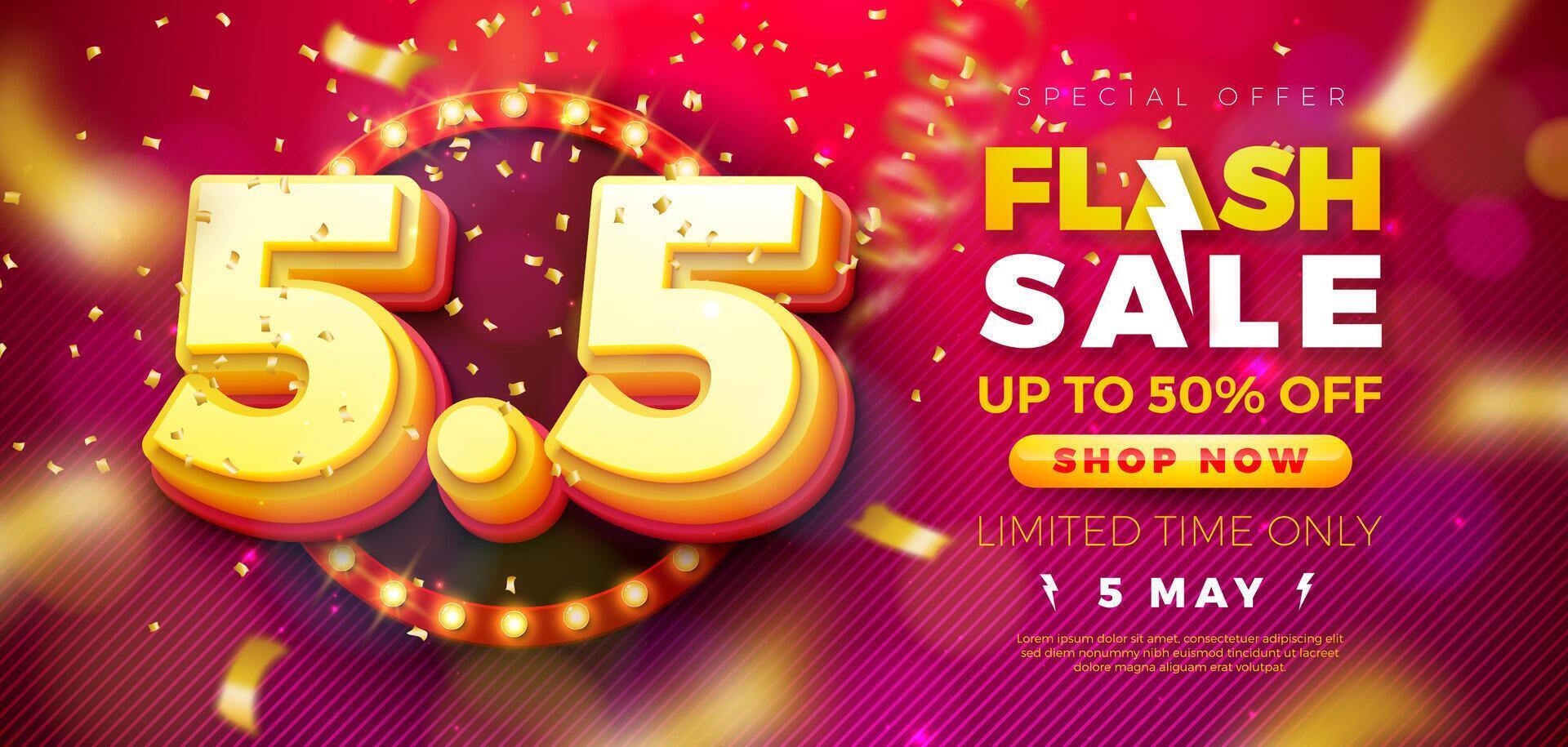 Flash Sale Design with 3d 5.5 Number, Light Bulb Billboard and Falling Confetti on Red Background. 5 May Shopping Day Special Offer 50 Percent Off Campaign Discount Illustration for Coupon vector