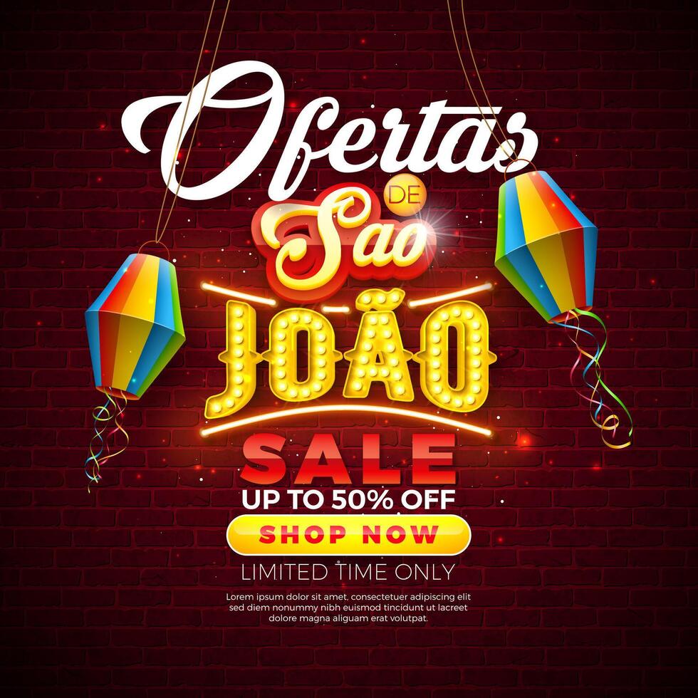 Festa Junina Sale Promotional Business Illustration with Paper Lantern, Neon Light Lettering on Brick Wall Background. Festa de Sao Joao Special Offer Illustration for Coupon, Voucher, Banner vector