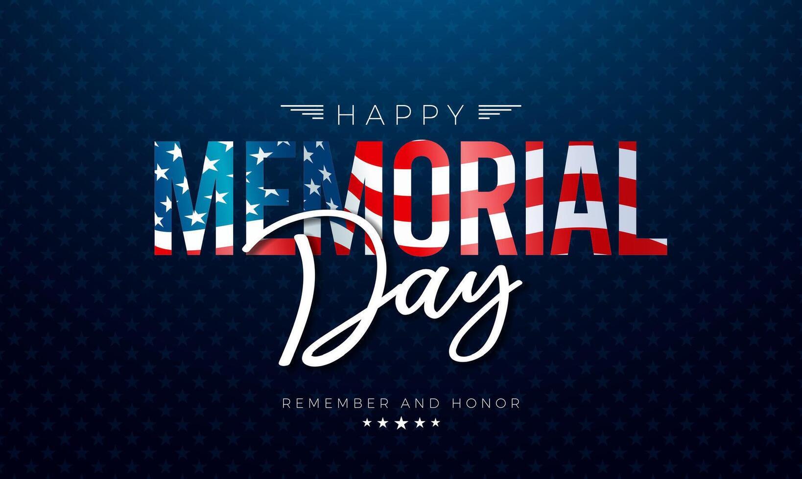 Memorial Day of the USA Illustration with American Flag in Text Label on Blue Background. National Veteran Patriotic Celebration Design with Typography Lettering for Banner, Flyer, Greeting vector