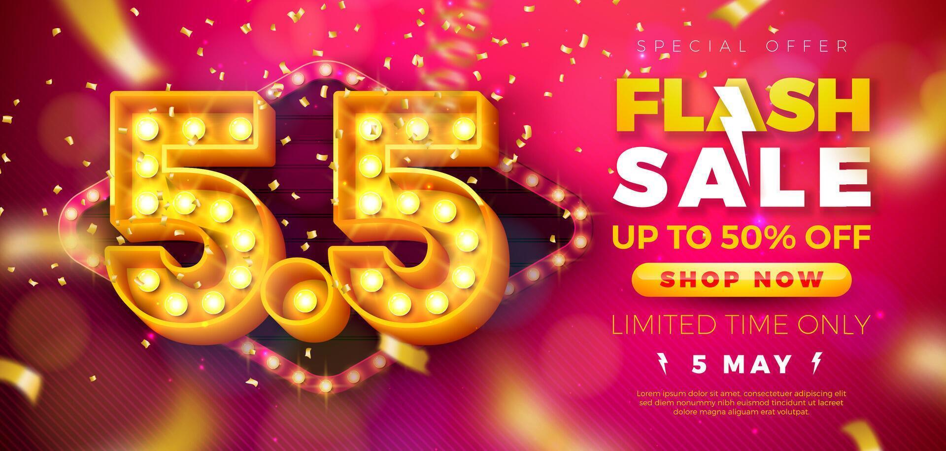 Flash Sale 5 May Shopping Day Design with 3d 5.5 Light Bulb Billboard Number and Falling Confetti on Red Background. Special Offer 50 Percent Off Campaign Discount Illustration for Coupon vector