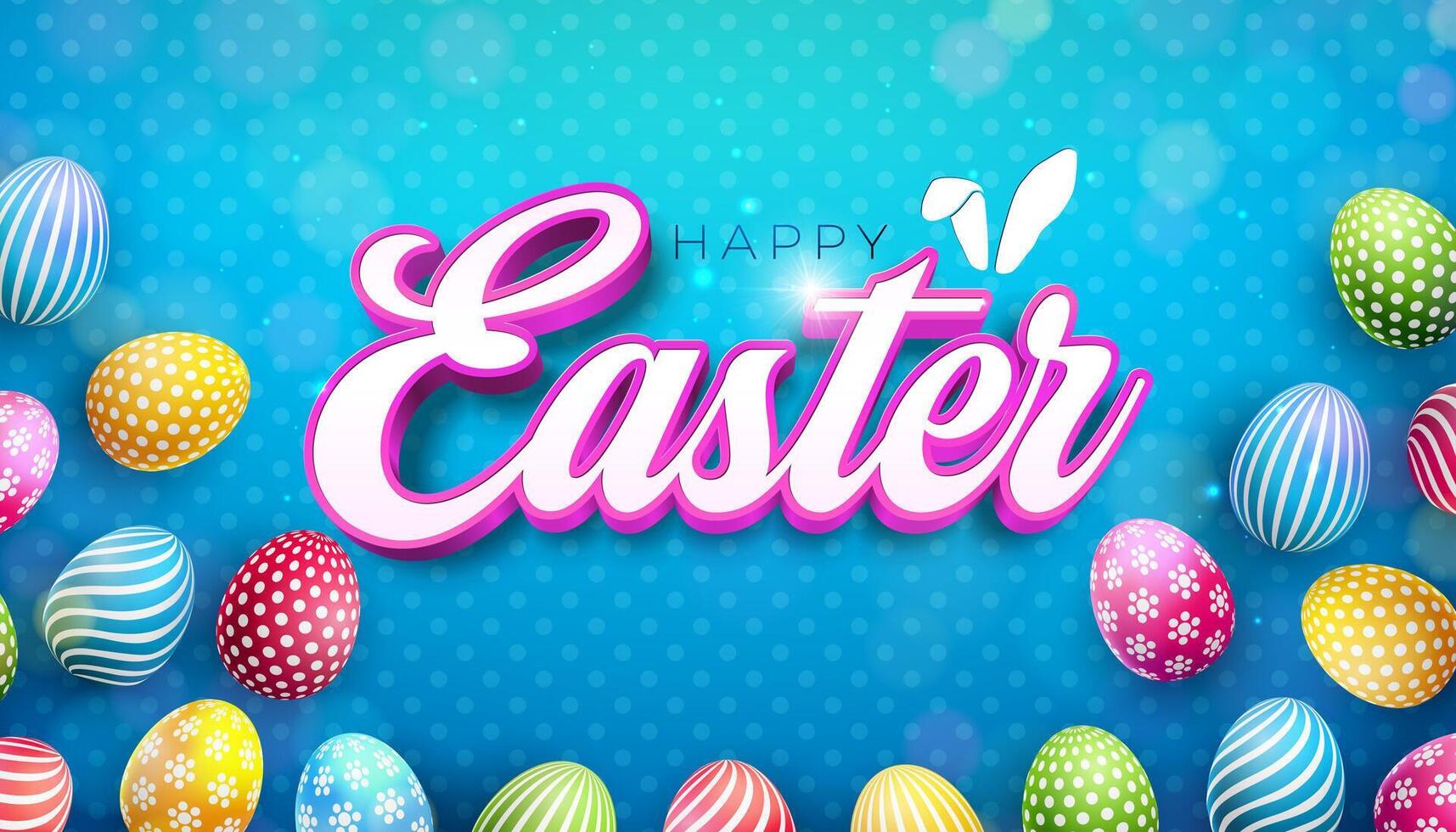 Happy Easter Design with Painted Egg and Rabbit Ears on Blue Background. International Religious Celebration Holiday Illustration with Typography Letter for Greeting Card vector