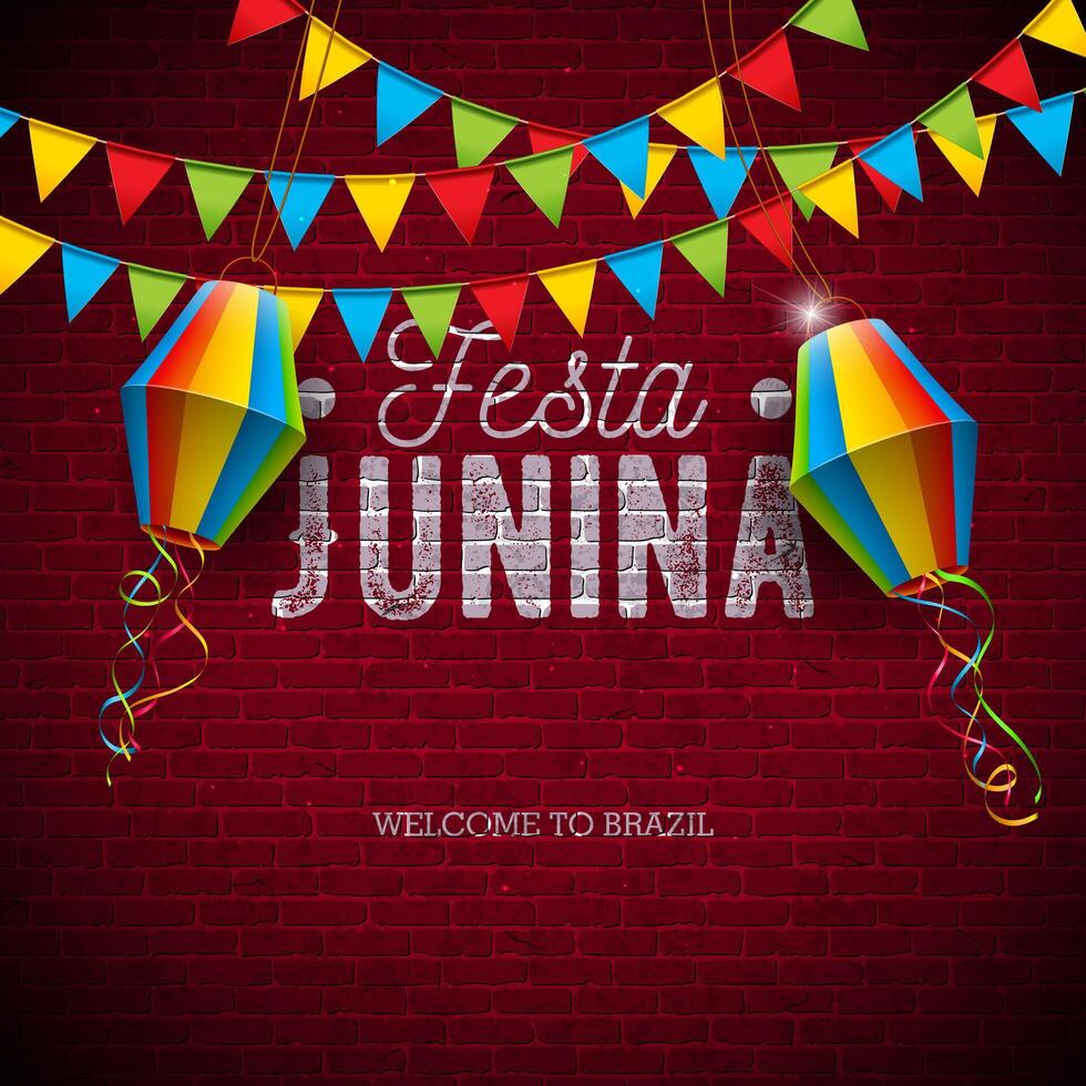 Festa Junina Illustration with Party Flags and Paper Lantern and Typography Lettering on Vintage Brick Wall Background. Brazil June Sao Joao Festival Design with Typography for Banner, Greeting vector