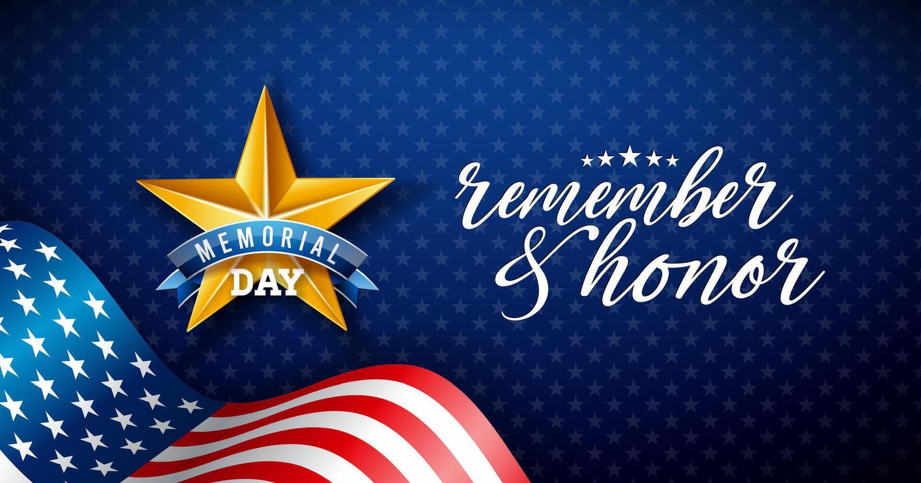 Memorial Day of the USA Banner Design with American Flag, Gold Star and Typography Lettering on Blue Background. National Patriotic Celebration Illustration for Postcard, Flyer, Greeting Card vector