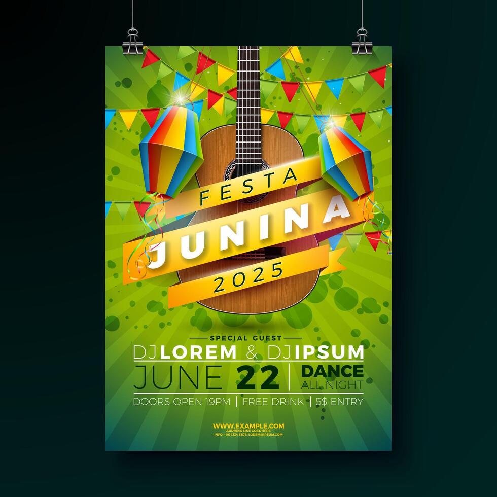 Festa Junina Party Flyer Design with Guitar, Party Flags, Paper Lantern and Typography Lettering on Nature Green Background. Brazil June Festival Illustration for Celebration Poster or Holiday vector