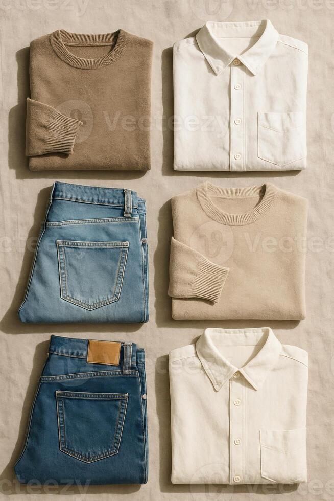 Folded neutral-toned sweaters, white shirts photo