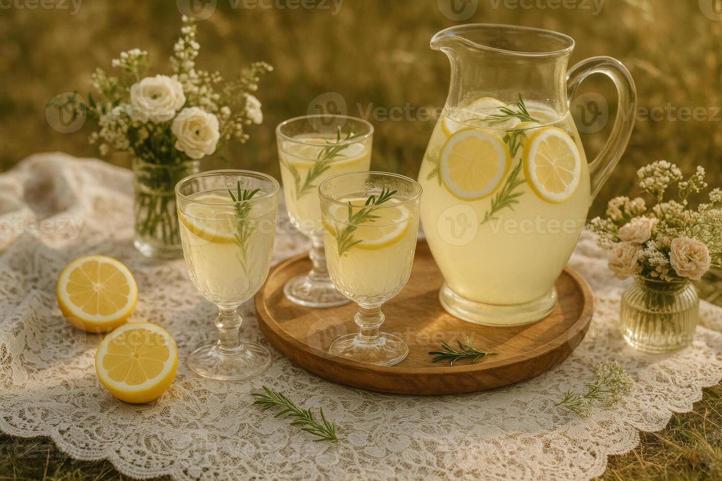 Pitcher and glasses of lemonade with rosemary photo