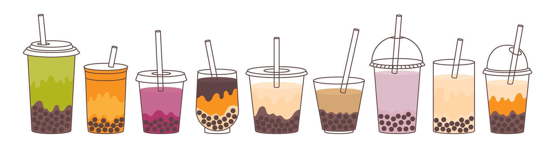Bubble Tea or Coffee Drinks set. Delicious drinks in plastic cups with straw. illustration vector