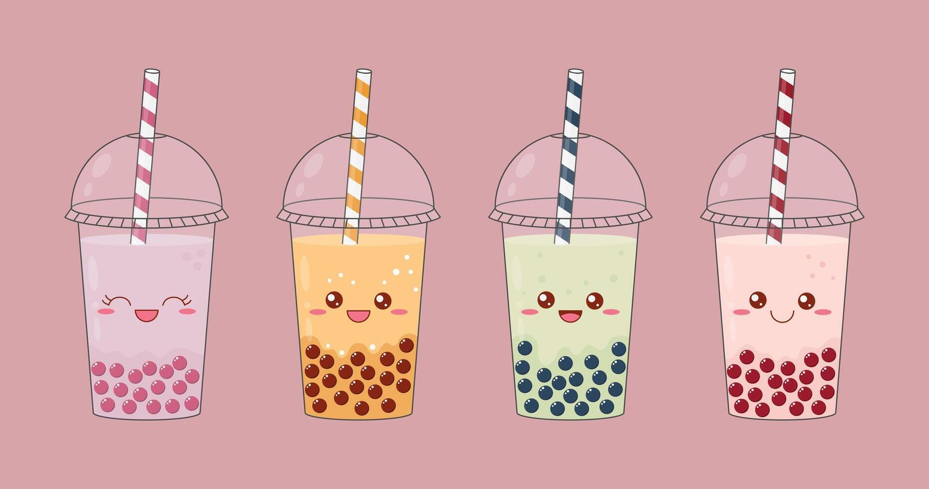 Bubble tea set. Delicious drinks in plastic cups with tube. illustration vector