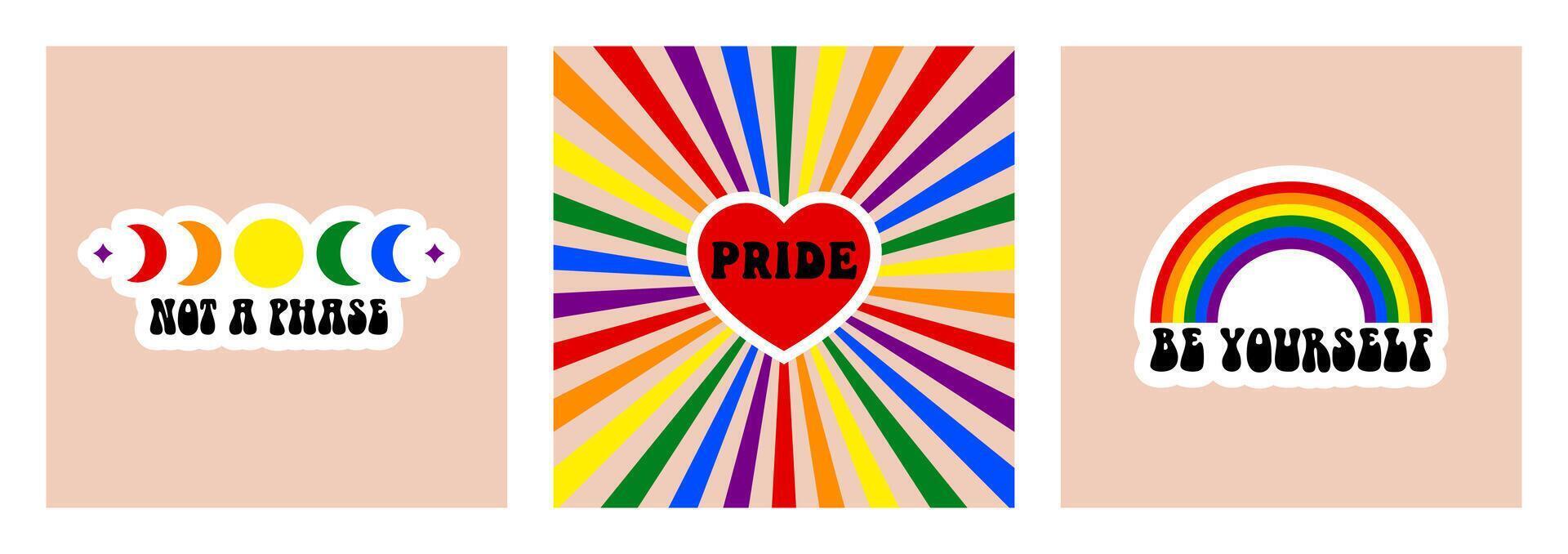 Set of retro posters for LGBTQIA Pride Month. Social media post with groovy queer slogans and phrase. illustration vector