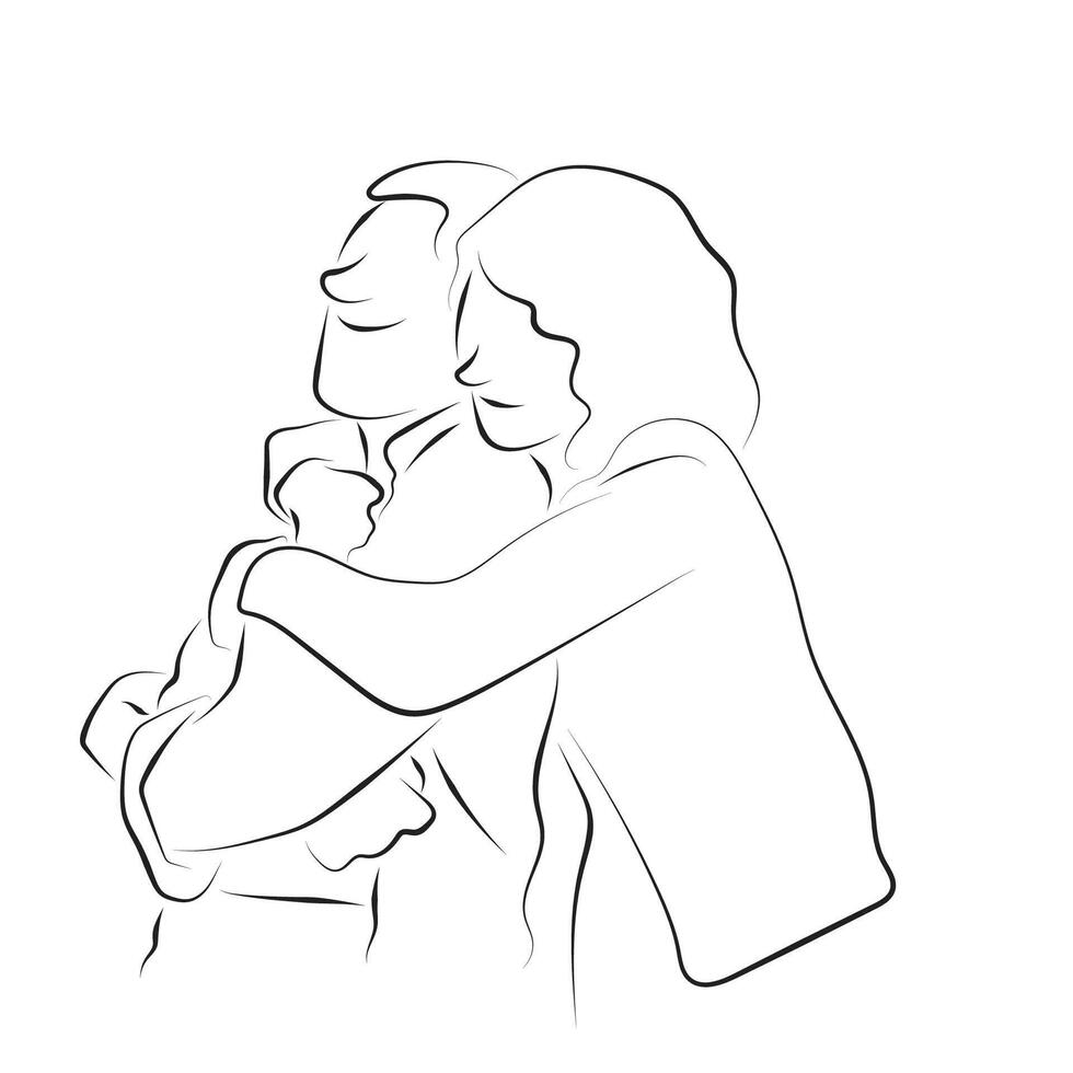 woman hugging her lover from the back illustration hand drawn with black lines isolated on white background. vector