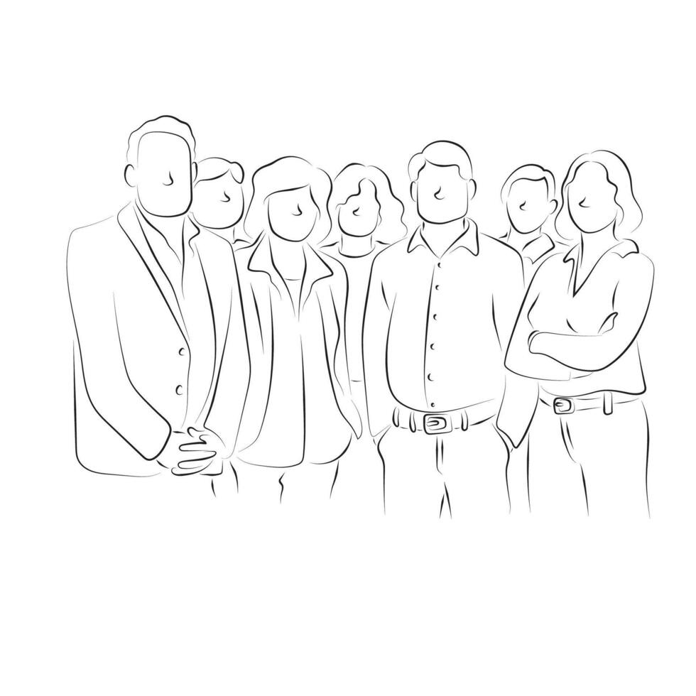 group of seven businesspeople standing together illustration hand drawn with black lines isolated on white background. vector