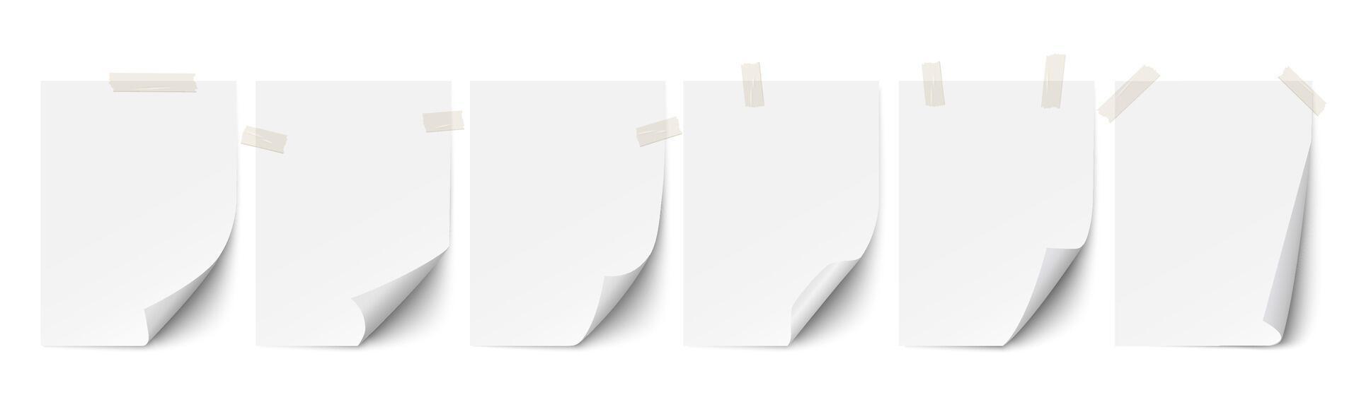Realistic paper page with curly corner and adhesive tape,set vector