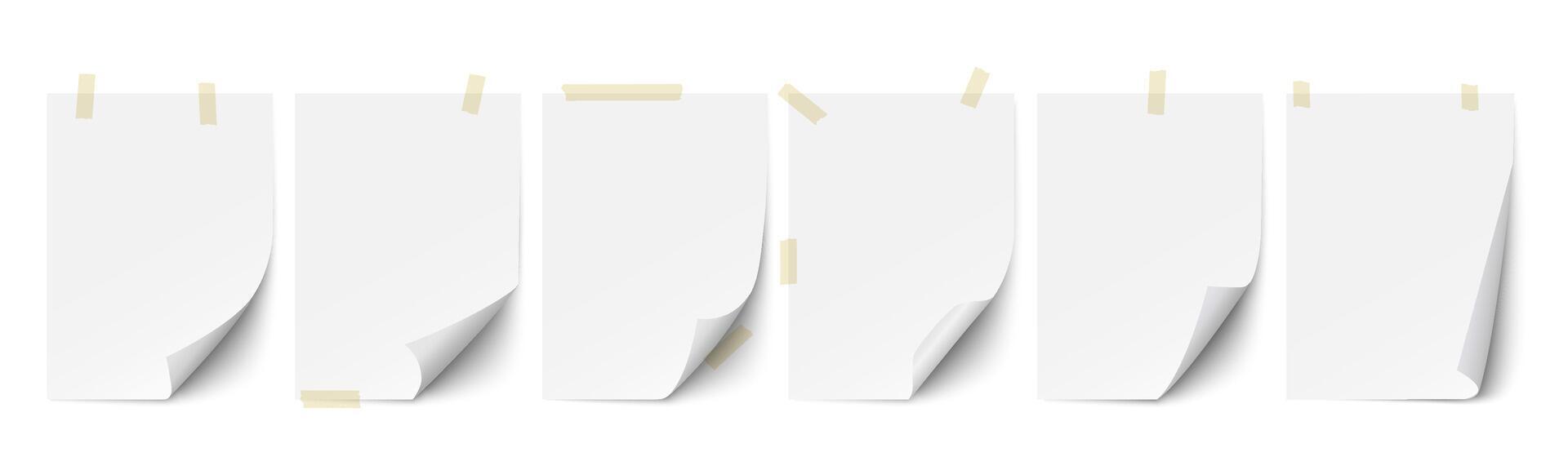 Paper page with curly corner and adhesive tape,realistic set vector