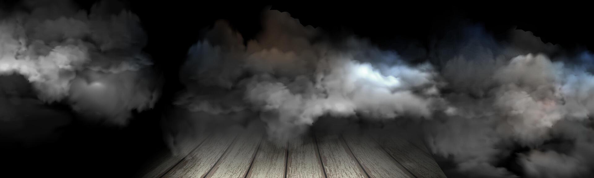 Horizontal Smoke spreading over wooden floor in dark room vector