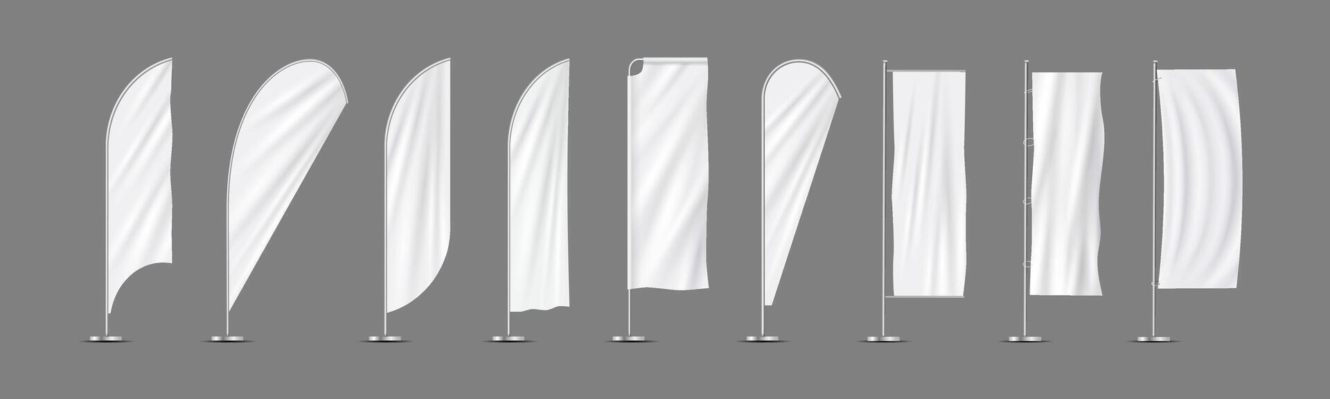 Realistic set vertical white flags,textile banners on flagpoles vector