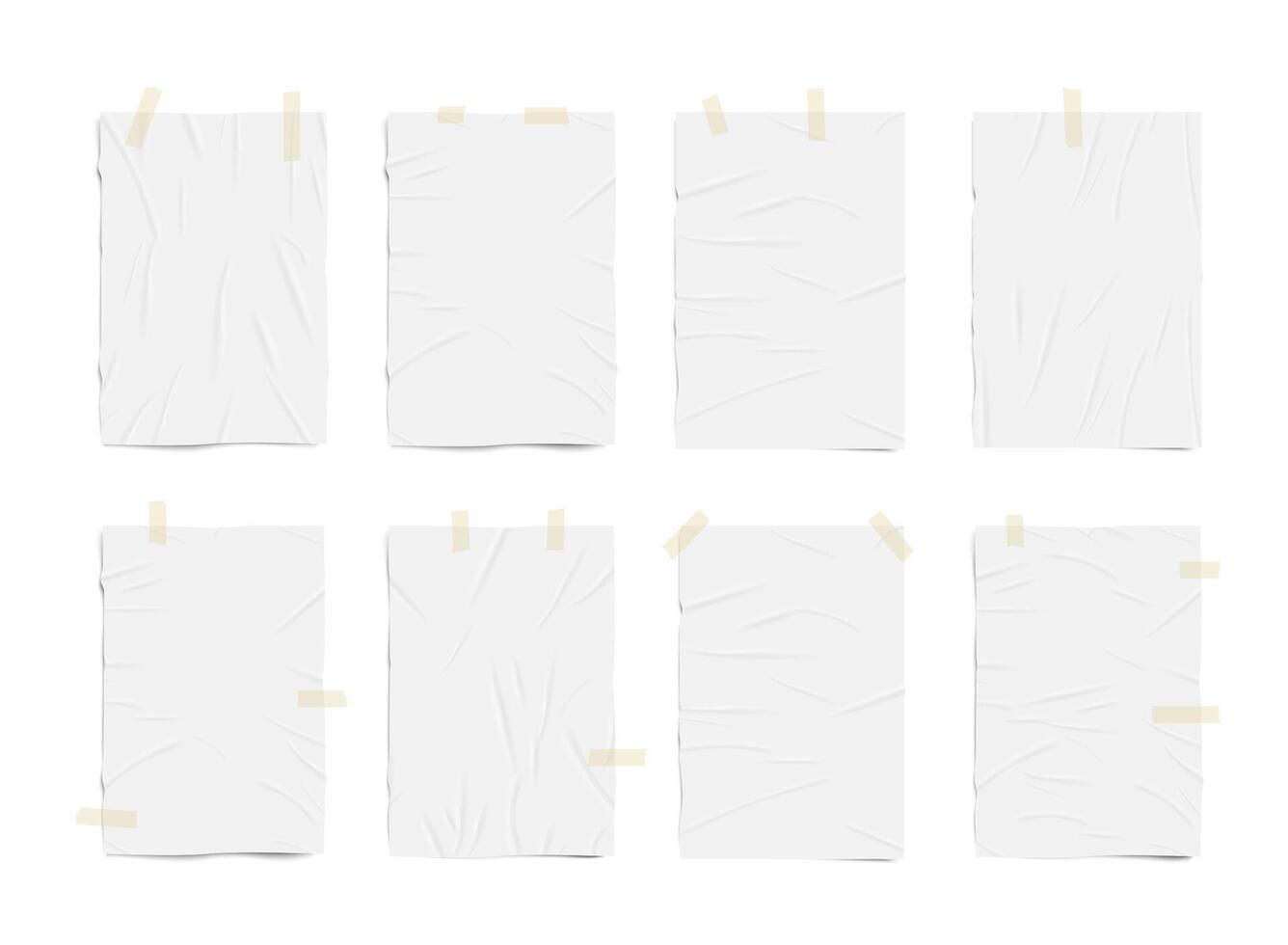 Crumpled and wet wrinkled blank paper texture sheet with adhesive tape vector