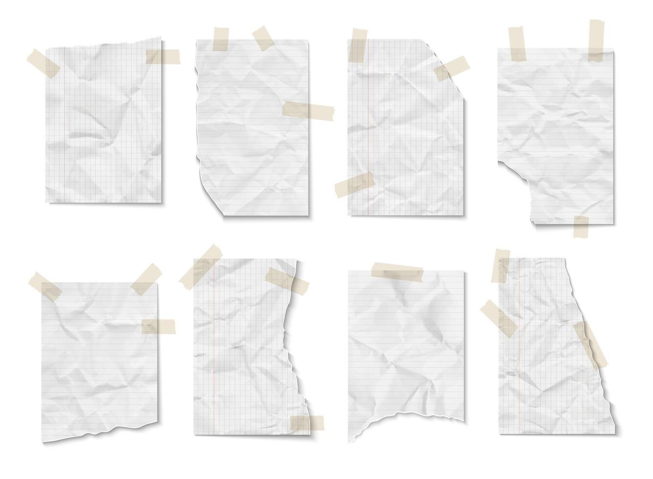 Torn crumpled pieces of paper notebook pages in a line and in a cage with adhesive tapes vector