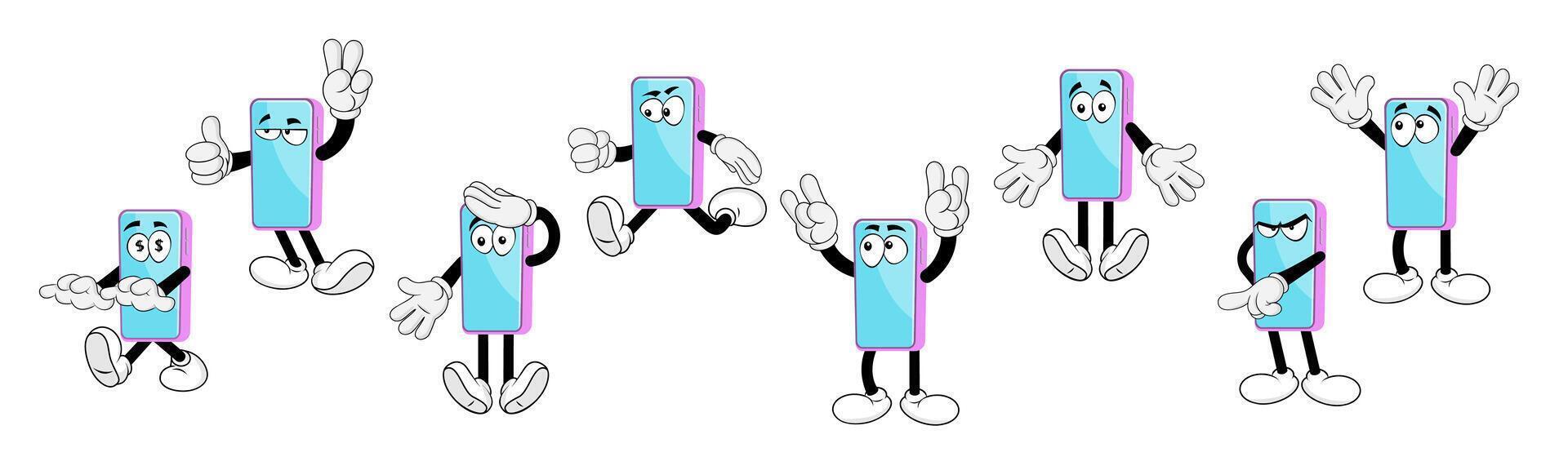 Groovy smartphone cartoon characters,retro style vector