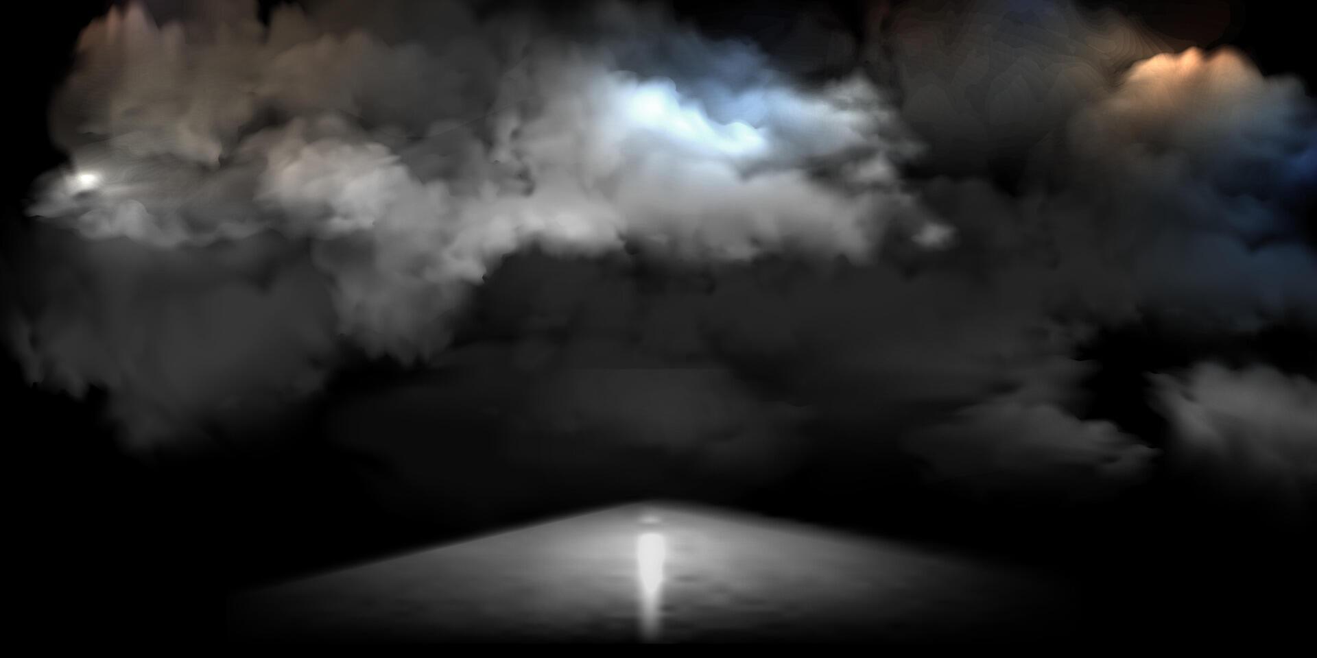 Smoke clouds above road, highway surface with mysterious horror smog vector