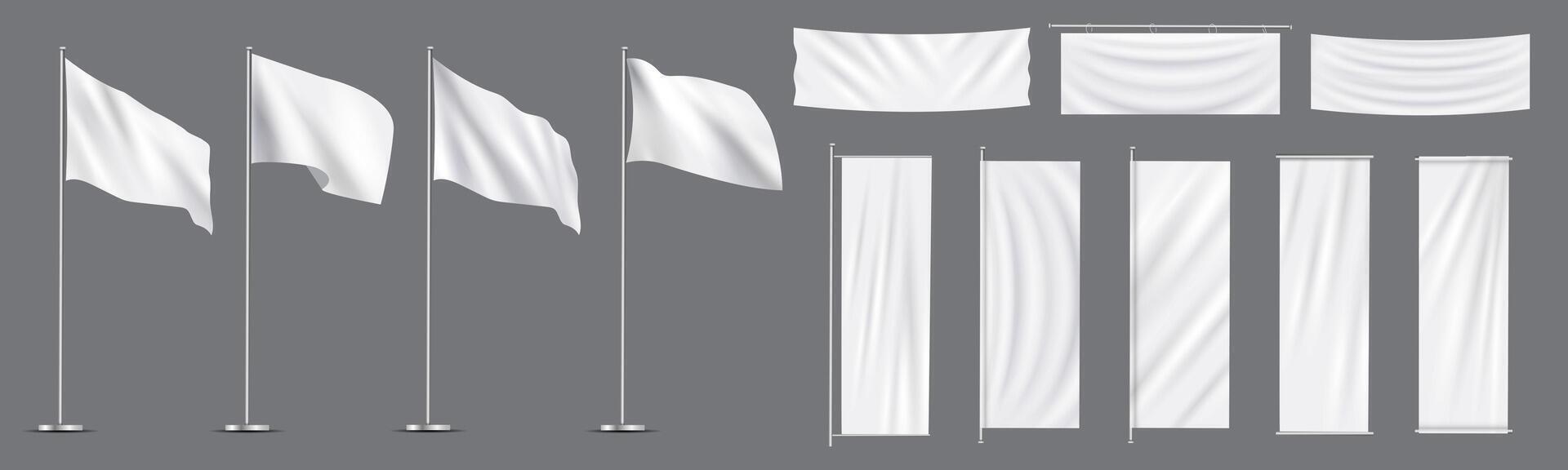 Realistic set white flags,textile banners on flagpoles vector